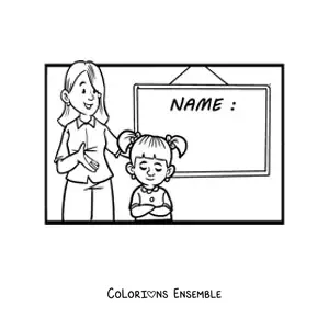 Image à colorier d'une maîtresse et d'une élève près d'un tableau