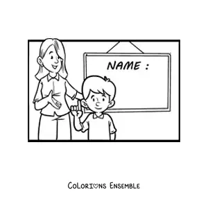 Image à colorier d'une maîtresse et d'un élève près d'un tableau
