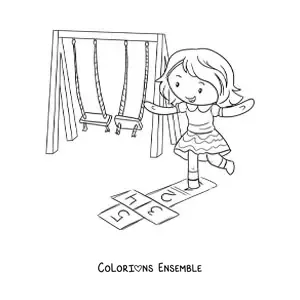 Image à colorier d'une fille kawaii qui joue à la marelle dans le parc