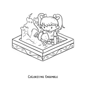 Image à colorier d'une fille qui joue dans le bac à sable