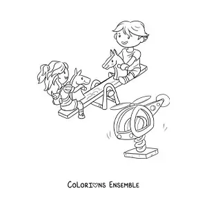 Image à colorier de deux enfants qui jouent sur la balançoire à bascule du parc