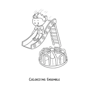 Image à colorier d'un garçon qui glisse sur le toboggan du parc