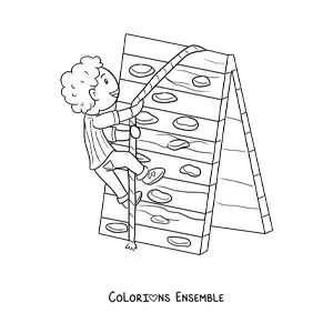 Image à colorier d'un garçon qui grimpe sur un mur d'escalade