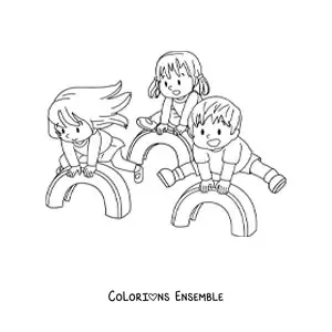 Image à colorier de trois enfants qui jouent dans le parc
