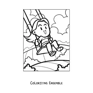 Image à colorier d'une fille qui joue sur une balançoire