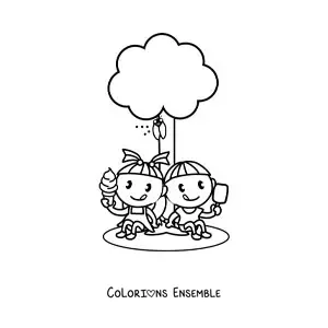 Image à colorier de deux enfants kawaii qui mangent une glace dans un parc