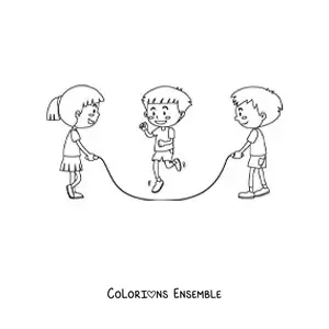 Image à colorier de trois enfants qui sautent à la corde