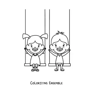 Image à colorier de deux enfants sur des balançoires