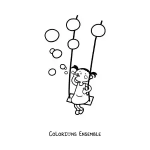 Image à colorier d'une fille qui fait des bulles sur une balançoire