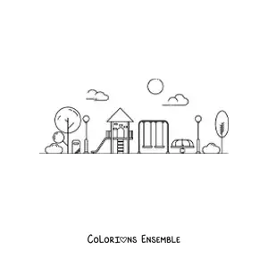 Image à colorier d'une aire de jeux avec des arbres