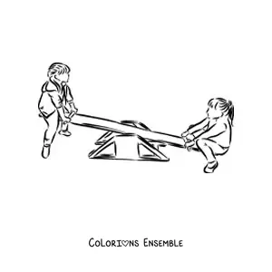 Image à colorier de deux enfants qui jouent à la balançoire à bascule