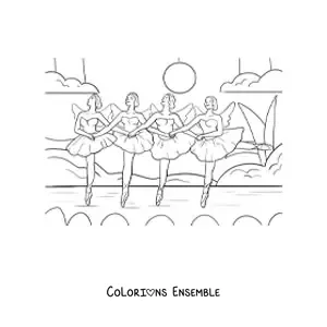 Image à colorier d'un groupe de danseuses sur la scène