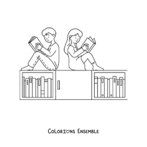 Image à colorier de deux enfants qui lisent à la bibliothèque