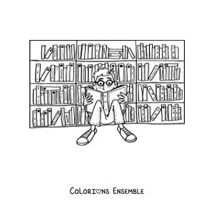 Image à colorier d'un garçon qui lit à la bibliothèque