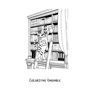 Image à colorier d'un chat animé qui cherche un livre à la bibliothèque