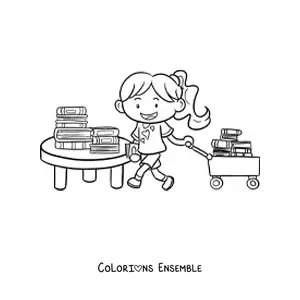 Image à colorier d'une fille avec des livres à la bibliothèque