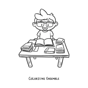 Image à colorier d'un garçon qui fait ses devoirs à la bibliothèque de l'école