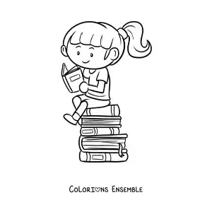 Image à colorier d'une fille qui lit assise sur une pile de livres