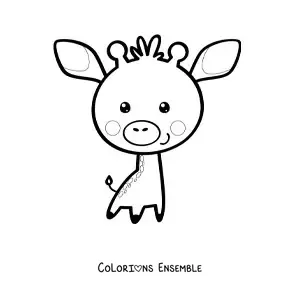 Coloriage d'une girafe kawaii de dessin animé avec une grosse tête et un petit corps