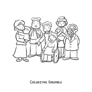 Image à colorier de plusieurs patients avec le personnel de l'hôpital