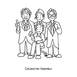 Image à colorier de trois médecins et d'un patient