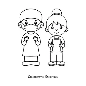 Image à colorier d'un chirurgien et d'une infirmière kawaii