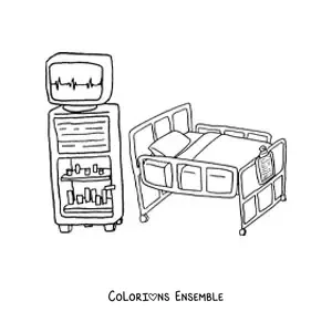 Image à colorier d'un lit d'hôpital et d'équipement médical