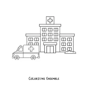 Image à colorier d'un hôpital et d'une ambulance