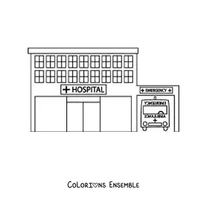 Image à colorier d'un hôpital et d'une ambulance garée