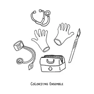 Image à colorier de plusieurs instruments médicaux