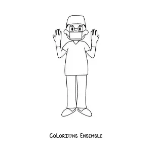 Image à colorier d'un infirmier avec des gants et un masque