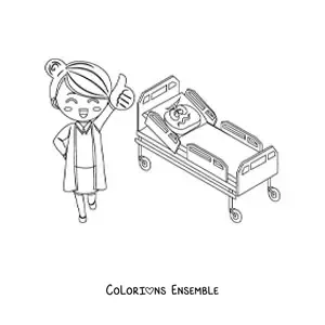 Image à colorier d'une infirmière et d'un lit d'hôpital animé