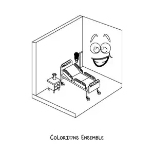 Image à colorier d'une chambre d'hôpital animée