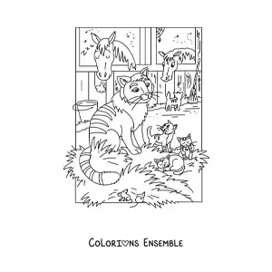 Image à colorier de quatre chats animés et de deux chevaux dans l'écurie