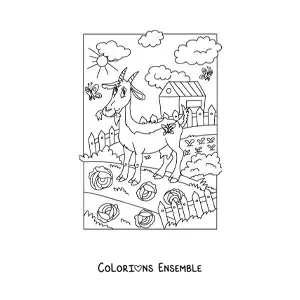 Image à colorier d'une chèvre animée qui broute à la ferme