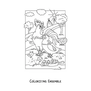 Image à colorier d'une poule avec un coq et des poussins animés à la ferme