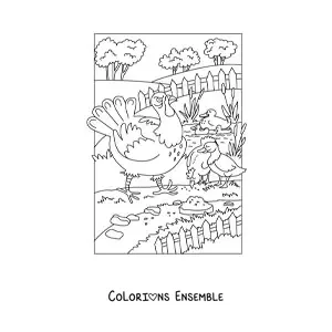 Image à colorier de plusieurs oiseaux à la ferme