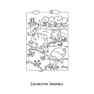 Image à colorier d'un berger avec ses moutons qui broutent