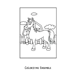 Image à colorier d'un cheval animé à la ferme