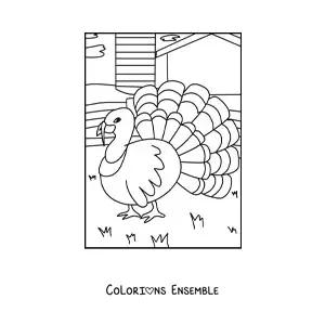 Image à colorier d’un paon dans la ferme