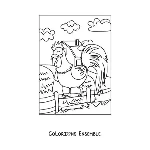 Image à colorier d’un coq dans la ferme