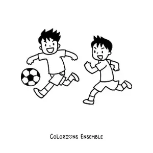 Image à colorier de deux enfants qui jouent au football