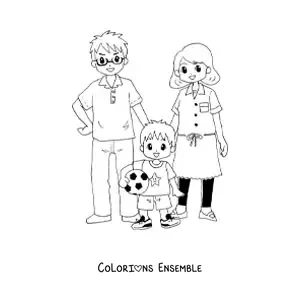 Image à colorier d’un garçon footballeur avec ses parents