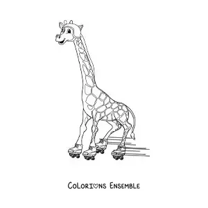 Coloriage d'une girafe de dessin animé qui patine joyeusement