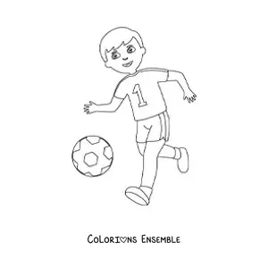 Image à colorier d’un garçon qui court après un ballon de football