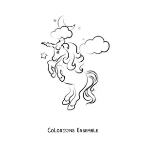 Image à colorier d’une licorne en dessin animé dressée sur deux pattes, avec des étoiles, des nuages et la lune en arrière-plan