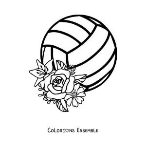 Image à colorier d’un ballon de volley avec des fleurs