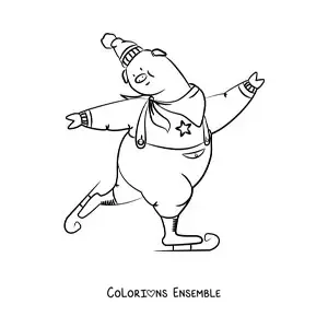Image à colorier d'un cochon animé patinant sur la glace