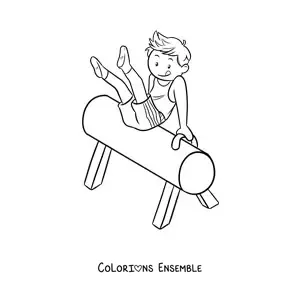 Image à colorier d'un garçon gymnaste sur le cheval de saut