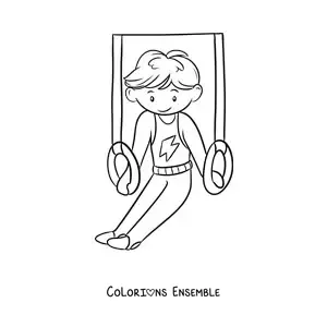 Image à colorier d'un garçon gymnaste aux anneaux